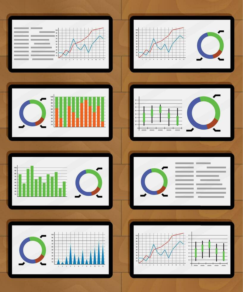 Set of chart and graphic on tablets. Statistical report infographic presentation. Vector illustration