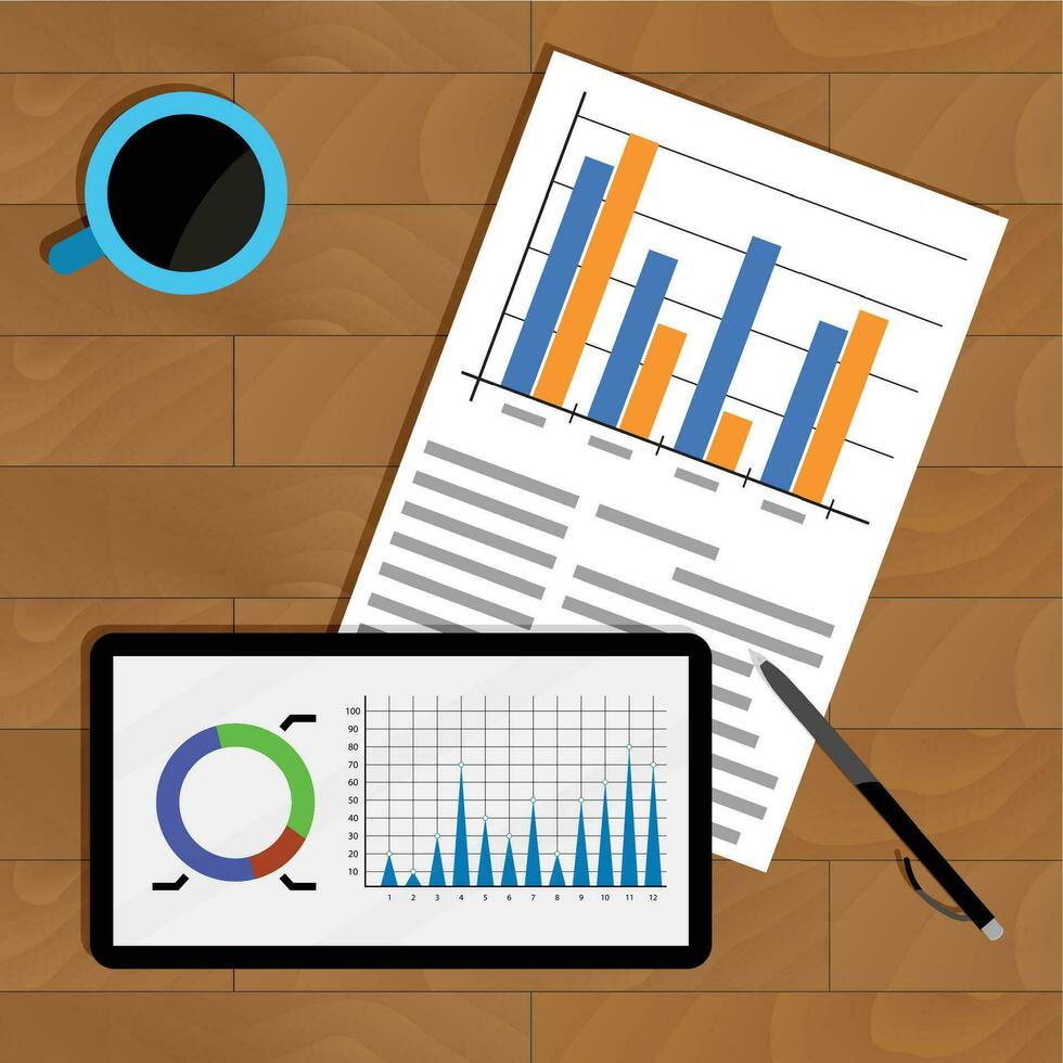 Business statistics on table. Profit marketing view, diagram and chart on tablet. Vector illustration