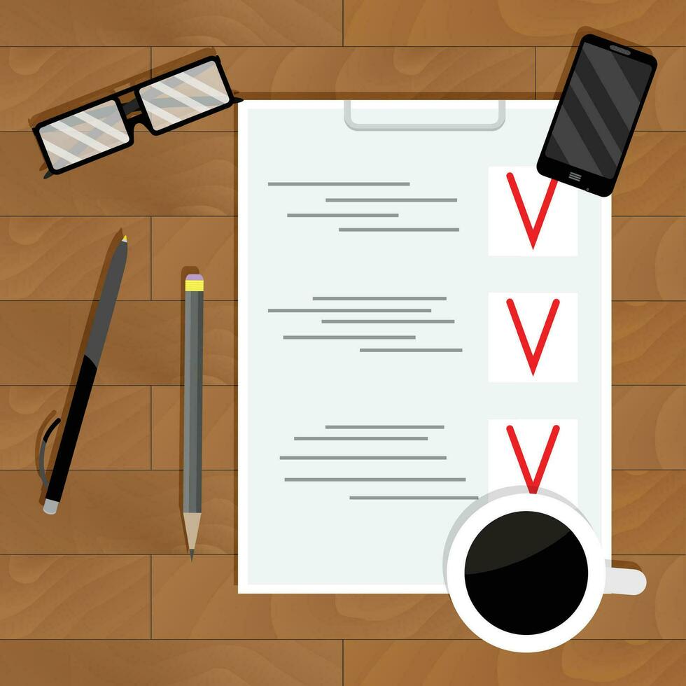 Checklist plan and organization. Analysis project document page, wooden table and paperwork, vector illustration