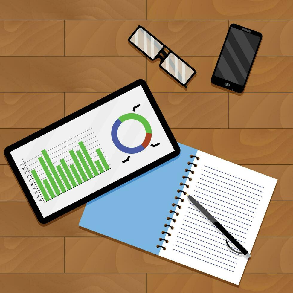 Infographic on table. Analytic and organization report information, vector illustration