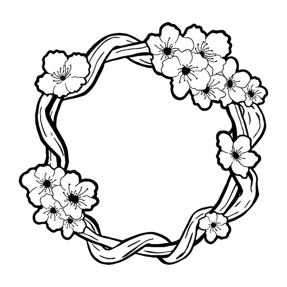 Doodle black line sakura vine circle frame. Vector illustration for decorate logo, card or any design.