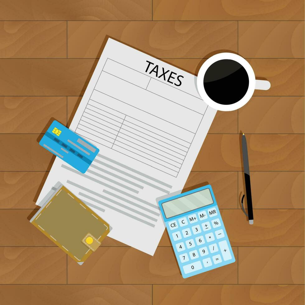 Annual payment of taxes. Banking profit and budget, wallet and audit document, vector illustration