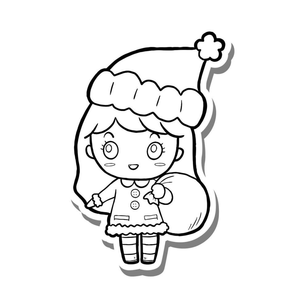 Black line Santa Girl in Christmas. Hand drawn cute cartoon festival holiday. Doodle for coloring, decoration or any design. Vector illustration of kid.