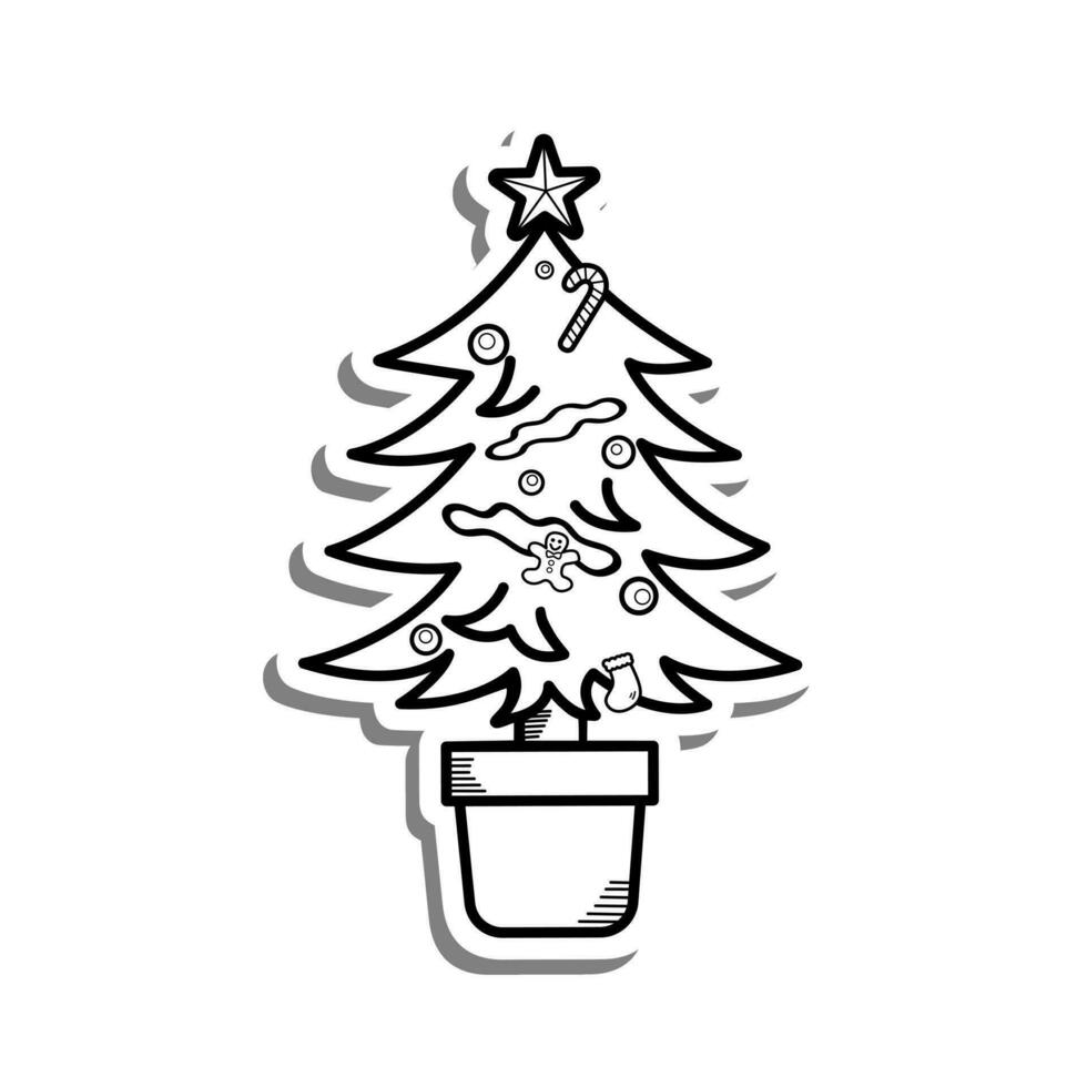 Cute cartoon Christmas tree, icon, emoji element on white background. Doodle black line decoration for logo, coloring, card and any design. Vector illustration about holiday.