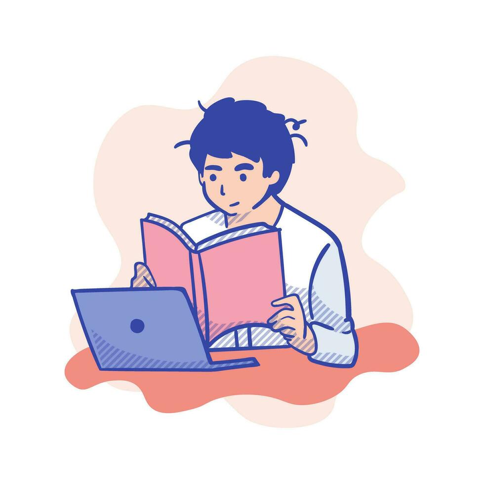 Young man with laptop and book. Vector illustration in flat style.