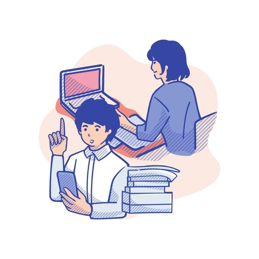 Vector illustration of young man and woman working together in office. Hand drawn sketch style.