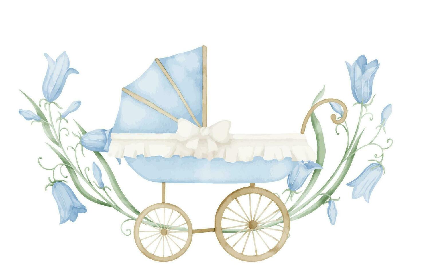 Watercolor Baby Pram with blue flowers in vintage style. Retro kid Stroller in cute pastel colors. Carriage for children on isolated white background. Illustration of perambulator for newborn party vector