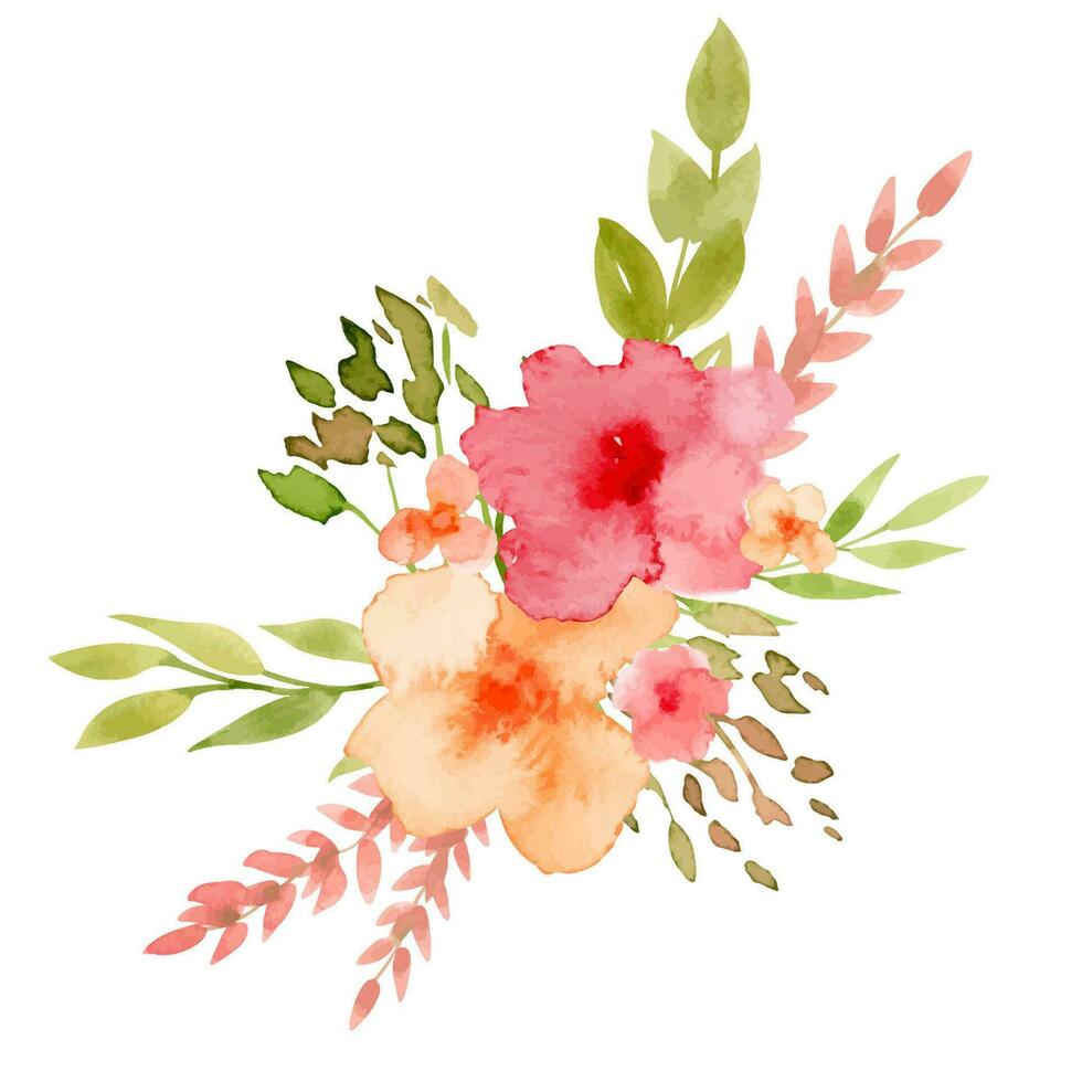 Watercolor abstract Flowers. Hand drawn illustration for greeting cards or wedding invitations on white isolated background. Floral drawing with red buds, pink petals and green leaves for icon vector