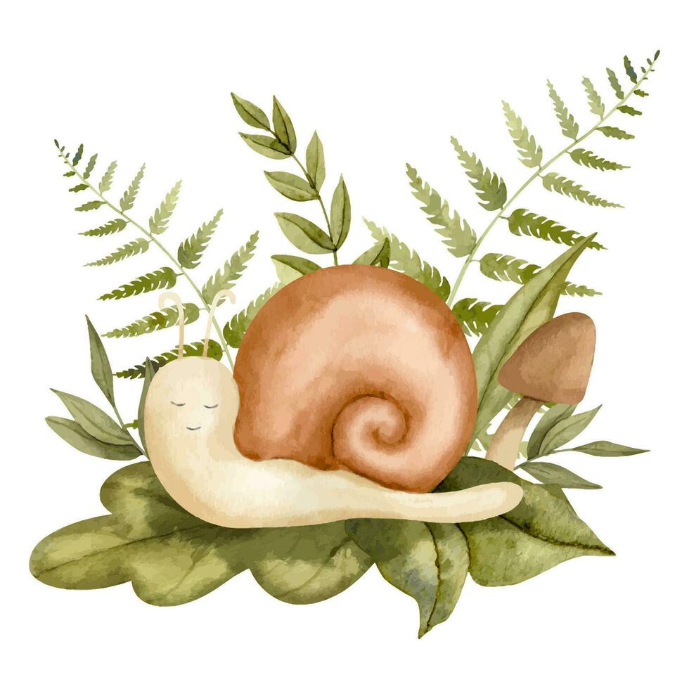Snail with fern and forest plants. Hand drawn watercolor illustration of cute cartoon character on white isolated background for baby shower greeting cards or invitations. Sketch of spiral slug vector