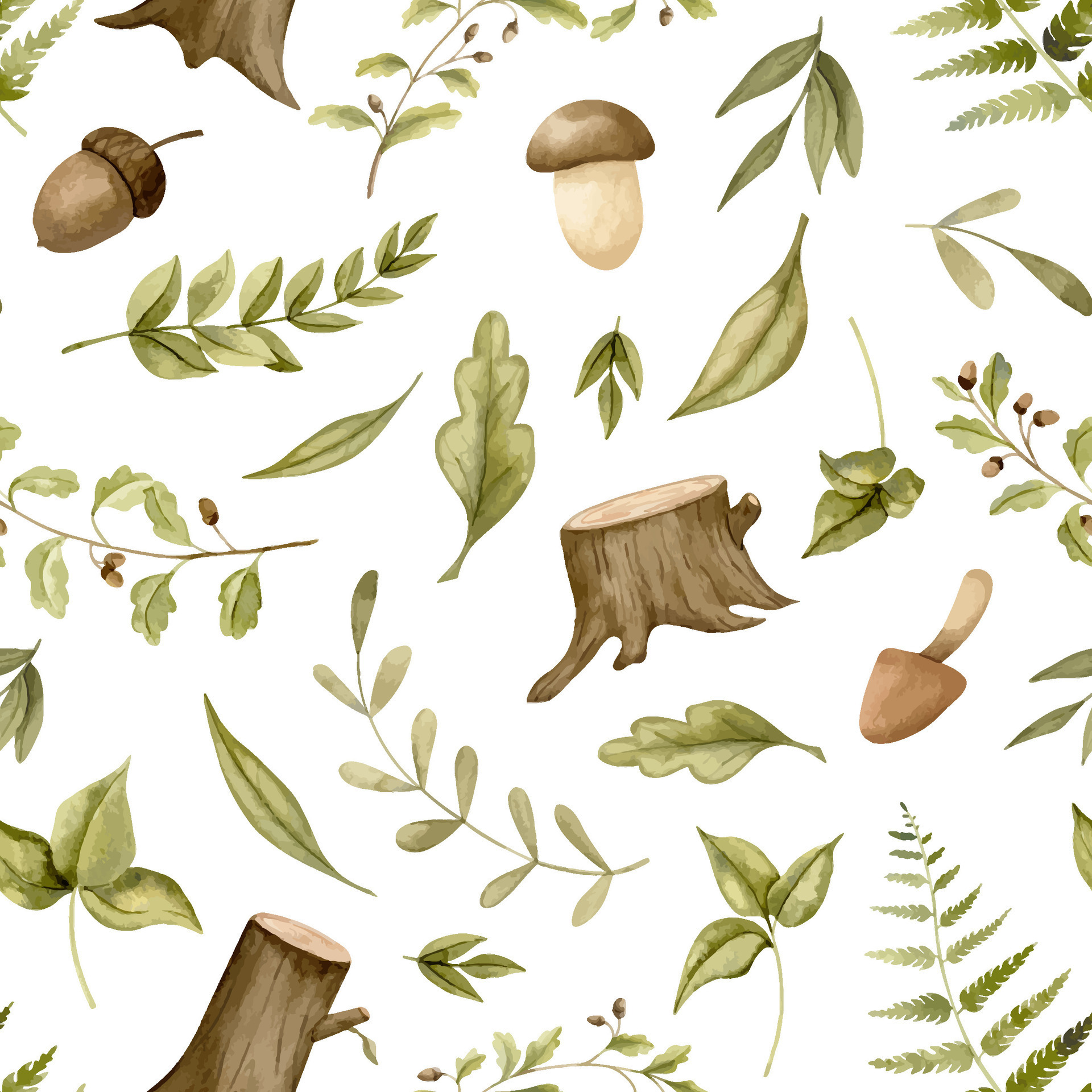 Whimsical Woodland Acorn Leaves Mushroom Wrapping Paper Sheets