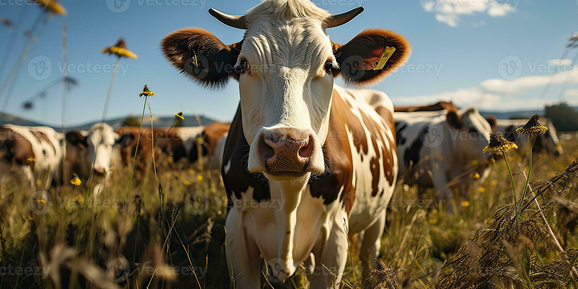 AI Generated. AI Generative. Cow animal face frontal funny portrait at green field farm. Landscape farming nature outdoor village live style. Graphic Art photo