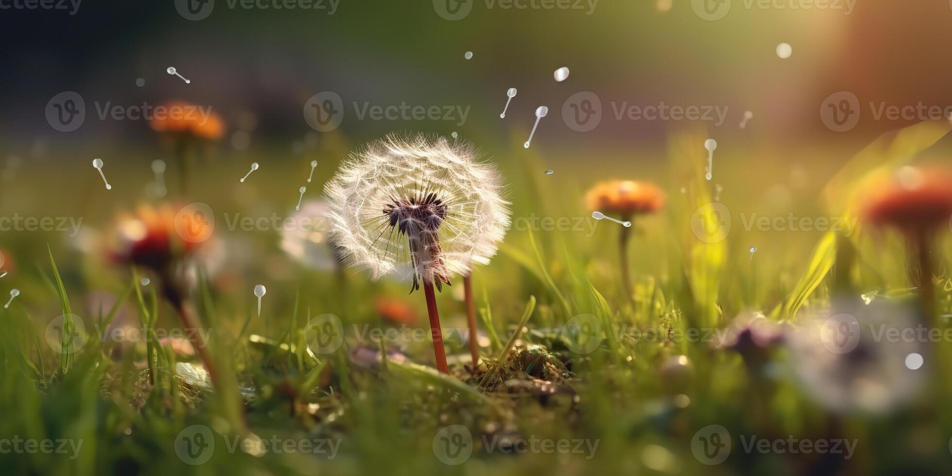 . . Seeded dandelion wild flower on field blowing. Nature outdoor wildflower adventure vacation landscape. Graphic Art photo