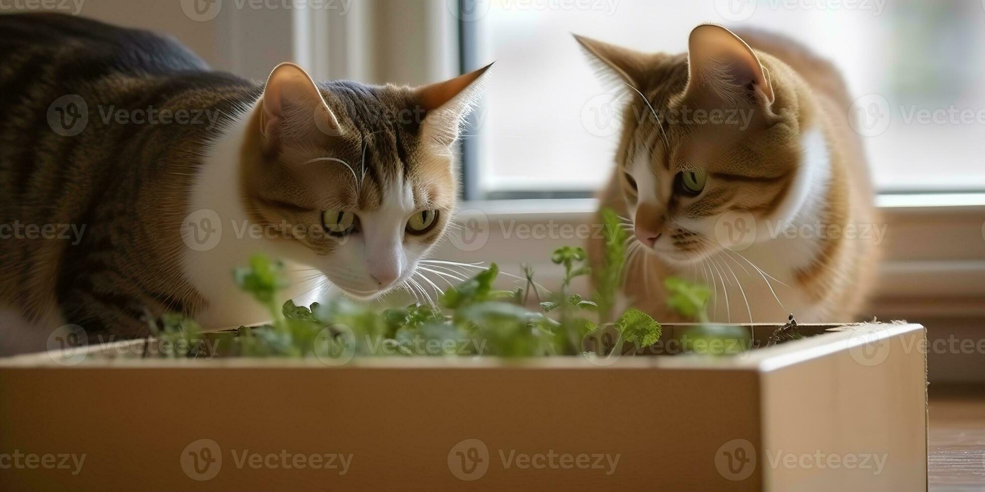 AI Generated. AI Generative. Cats with catnip on photo eat healthy plant together. Love pet romantic pets. Graphic Art