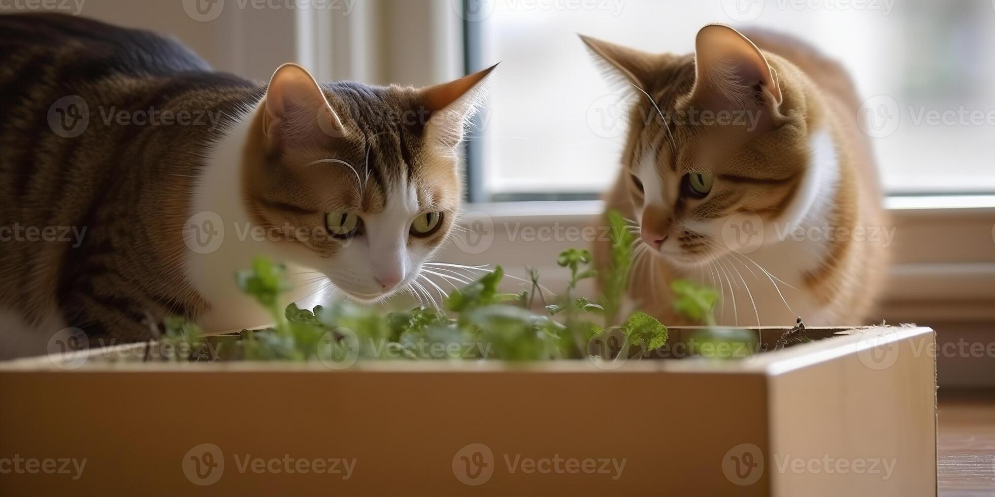 . . Cats with catnip on photo eat healthy plant together. Love pet romantic pets. Graphic Art