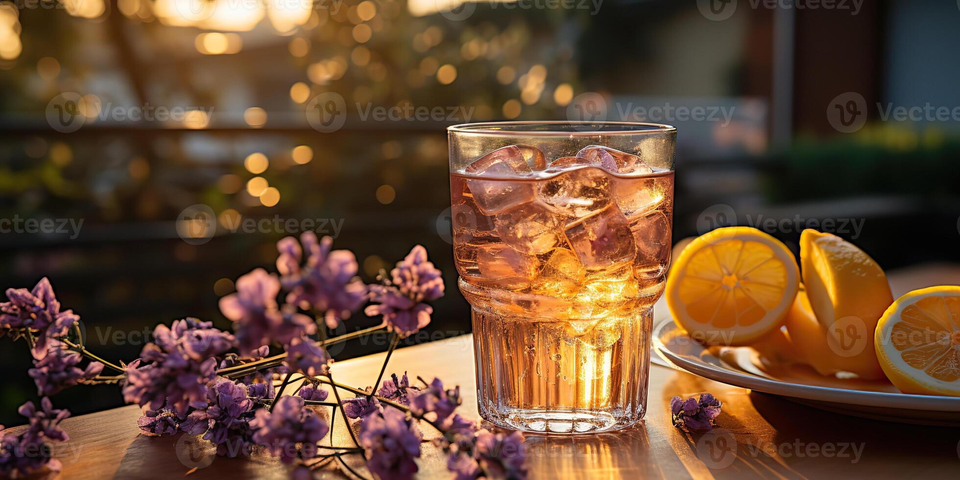 . . Lavender cocktails with plant flower. Refresh beverage drink in glass on susnset evening on wood table. Party family vibe. Graphic Art photo