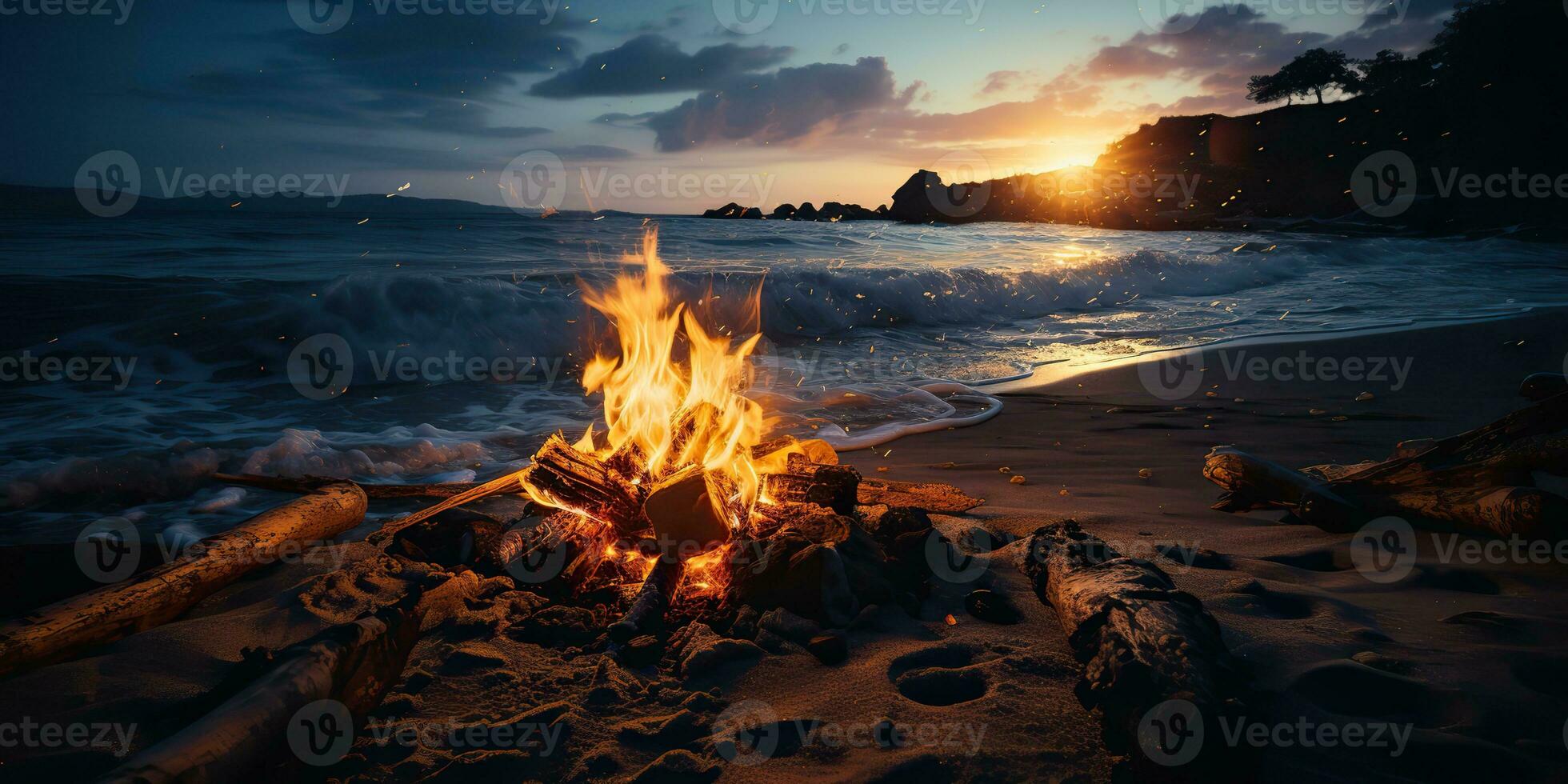 AI Generated. AI Generative. Sunset evening night bonfire campfire fire wood at sea ocean coast beach sand. Adventure vacation trip camping vibe. Graphic Art photo