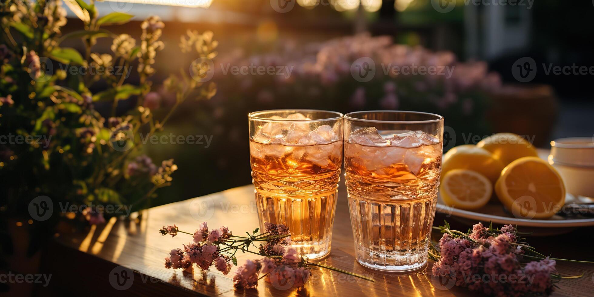 . . Lavender cocktails with plant flower. Refresh beverage drink in glass on susnset evening on wood table. Party family vibe. Graphic Art photo