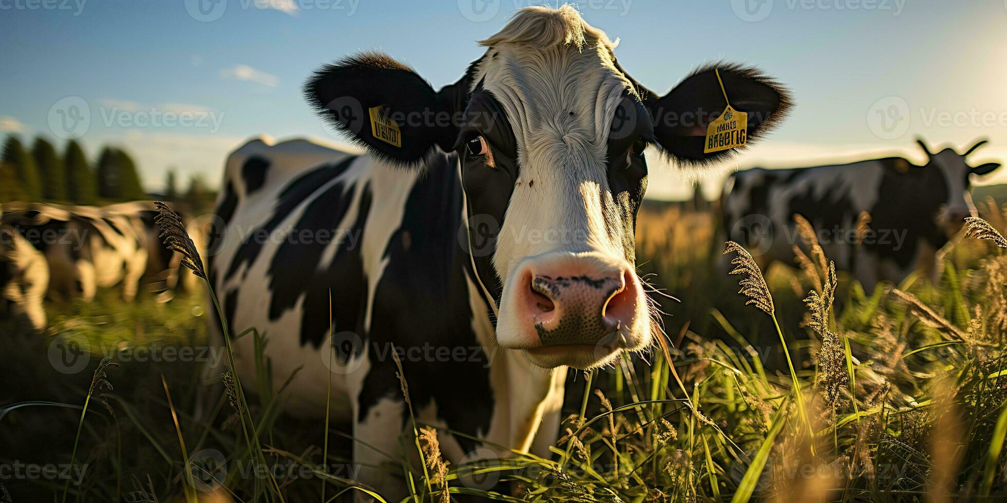 AI Generated. AI Generative. Cow animal face frontal funny portrait at green field farm. Landscape farming nature outdoor village live style. Graphic Art photo