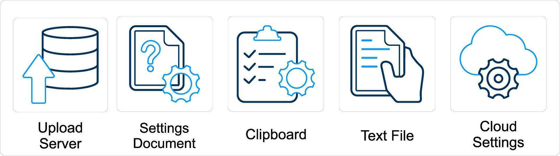 A set of 5 mix icons as upload server, settings document, clipboard vector