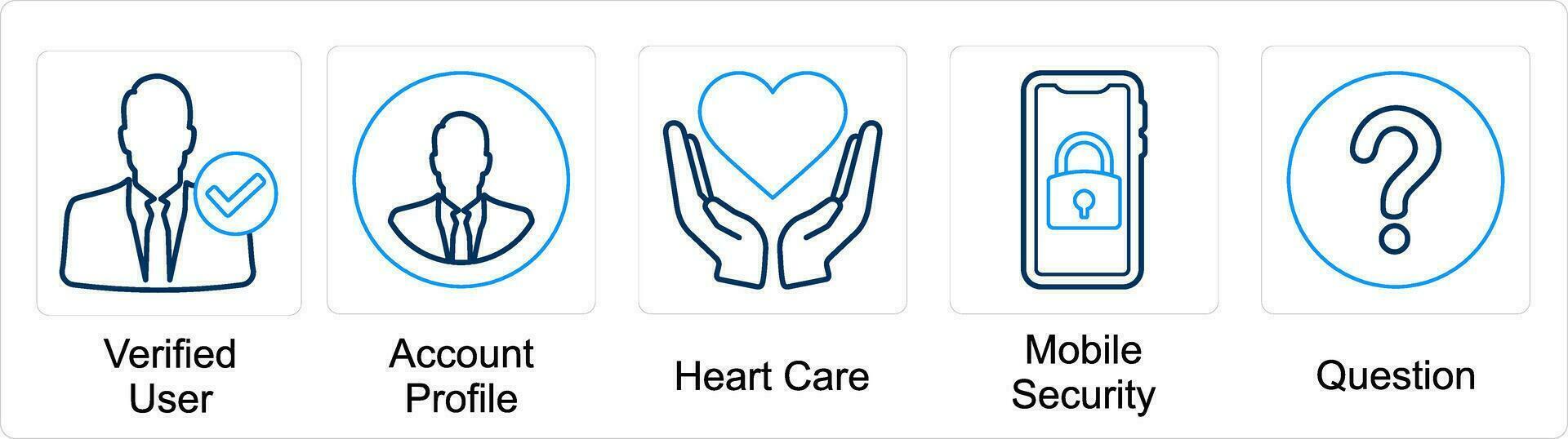 A set of 5 mix icons as verified user, account profile, heart care vector