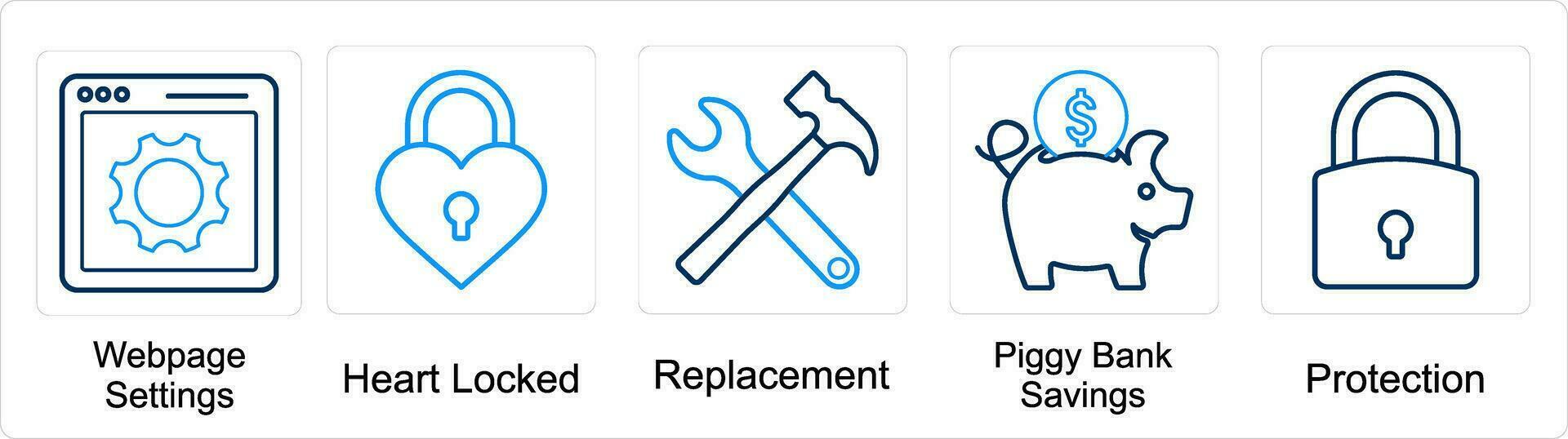 A set of 5 mix icons as webpage settings, heart locked, replacement vector