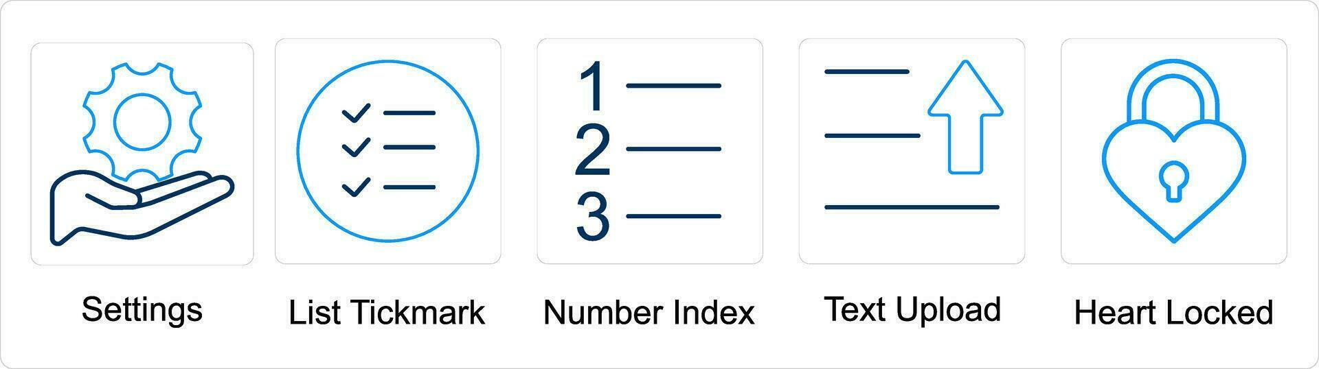 A set of 5 mix icons as settings, list tick mark, number index vector