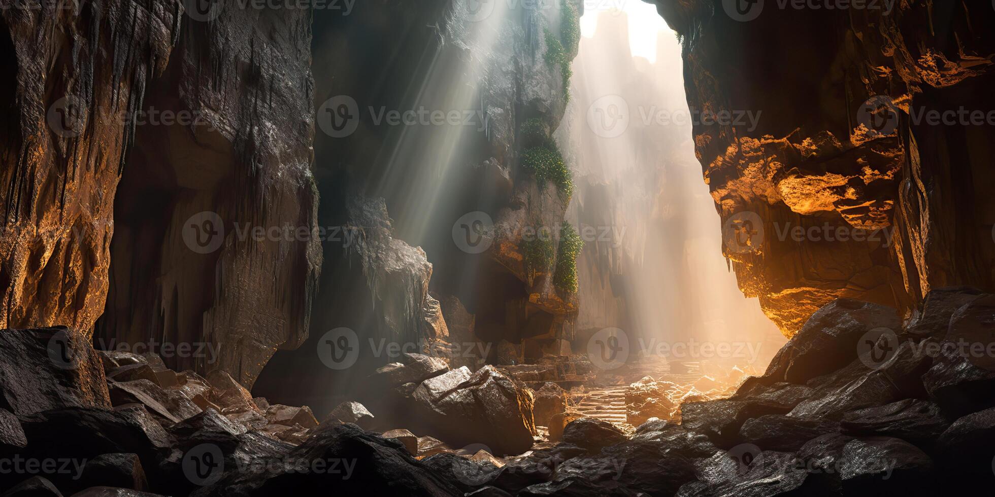 . . Under ground outdoor nature cave with light scene. Adventure explore trip vacation tour vibe. Graphic Art photo
