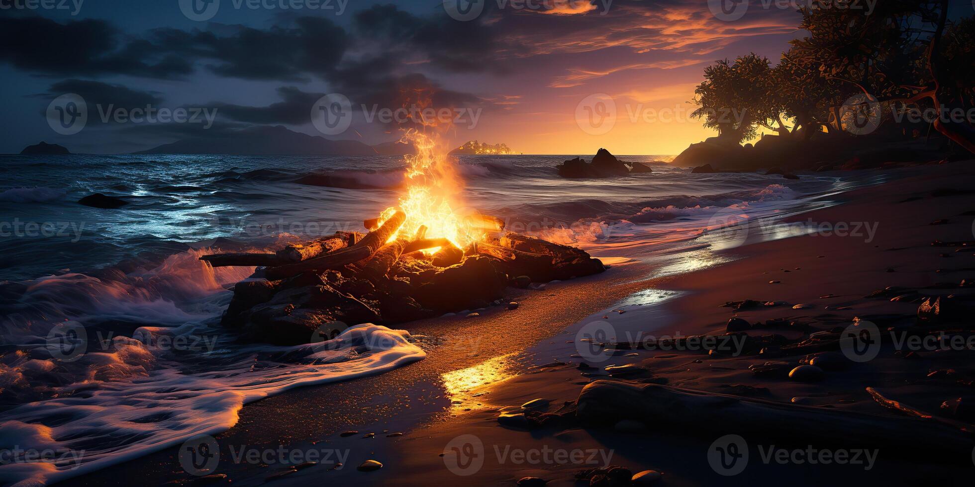 ai generado. ai generativo. puesta de sol noche noche hoguera hoguera fuego madera a mar Oceano costa playa arena. aventuras vacaciones viaje cámping onda. gráfico Arte foto