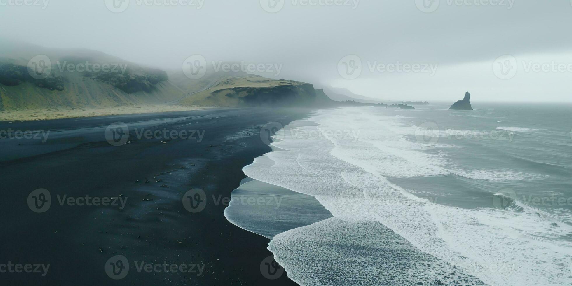 AI Generated. AI Generative. Iceland aerial air drone view. Cost beach ocean wave line. Black sand landscape. Adventure nature travel vibe. Graphic Art photo