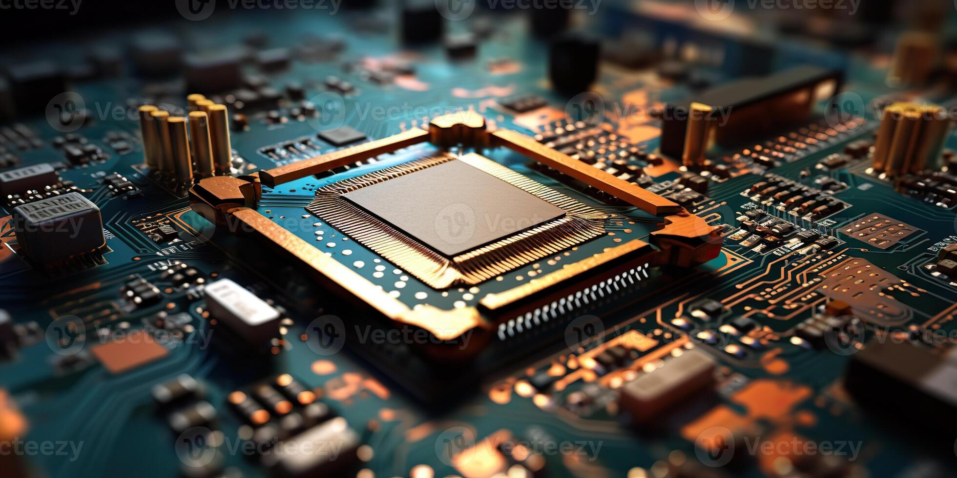 . . PC computer micro chip processor motherboard background. Digital data future background science vibe. Graphic Art photo