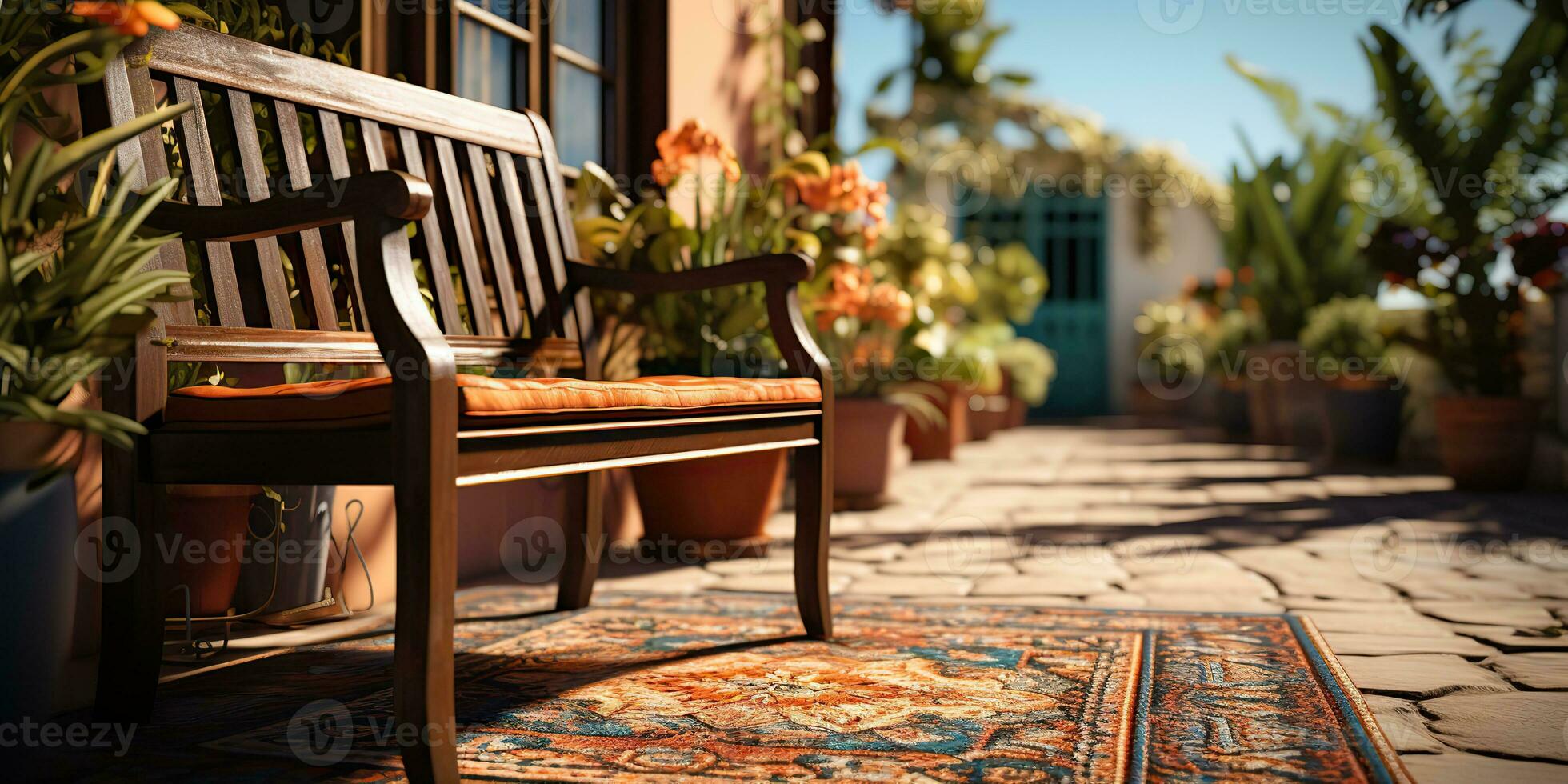 AI Generated. AI Generative. House outdoor nature terrace garden with doormat table chair and plants. Cozy home architecture relax vibe. Graphic Art photo