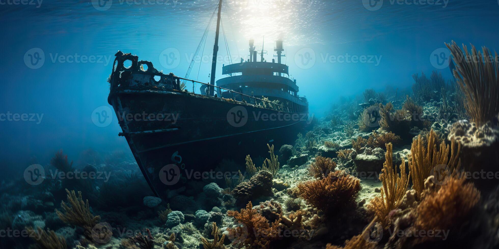 . . Under water sea ocean scuba difing adventures. Underwater explore trip old histiry ship. Nautical marine deep bluew vibe.Graphic Art photo
