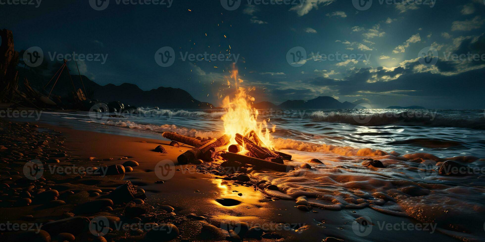 AI Generated. AI Generative. Sunset evening night bonfire campfire fire wood at sea ocean coast beach sand. Adventure vacation trip camping vibe. Graphic Art photo