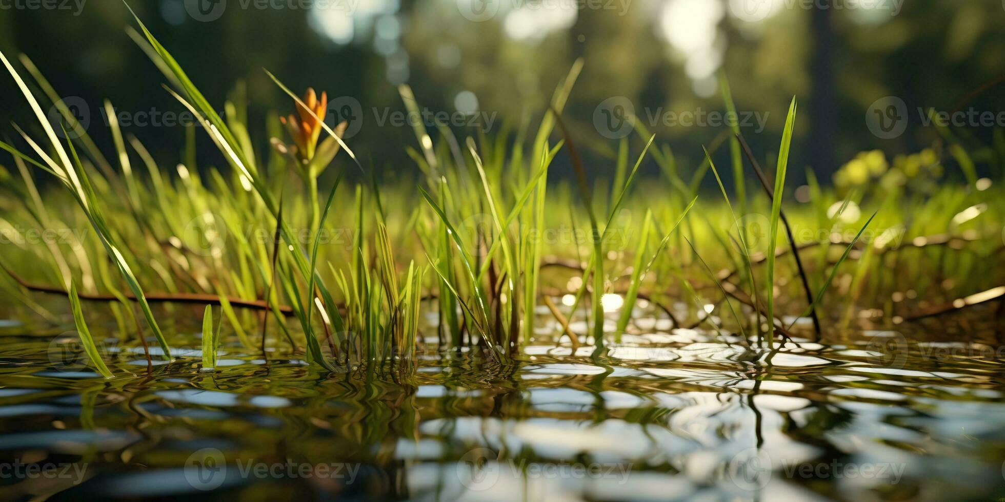 AI Generated. AI Generative. Photo illustration of pond sedge at lake sea river water. Plant flora blossom. Graphic Art