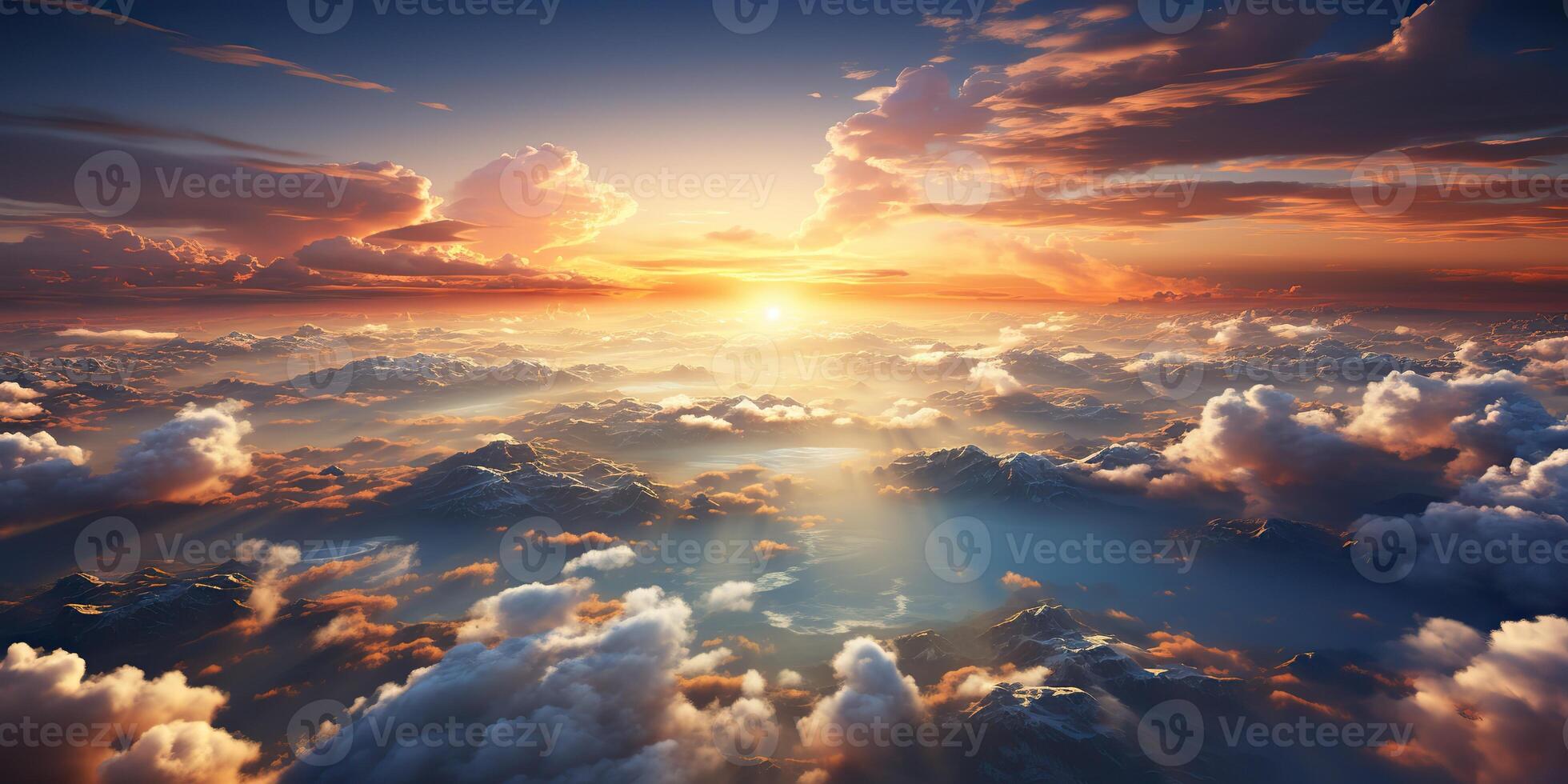 AI Generated. AI Generative. Air drone aerial view cloudscape landscape nature outdoor fly from above earth clouds sun sunbeams. Graphic Art photo