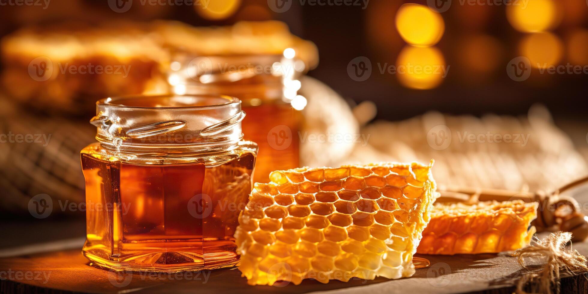 . . Honey honeycomb desert with wooden stick and glass. Healthy sugar desert. Graphic Art photo