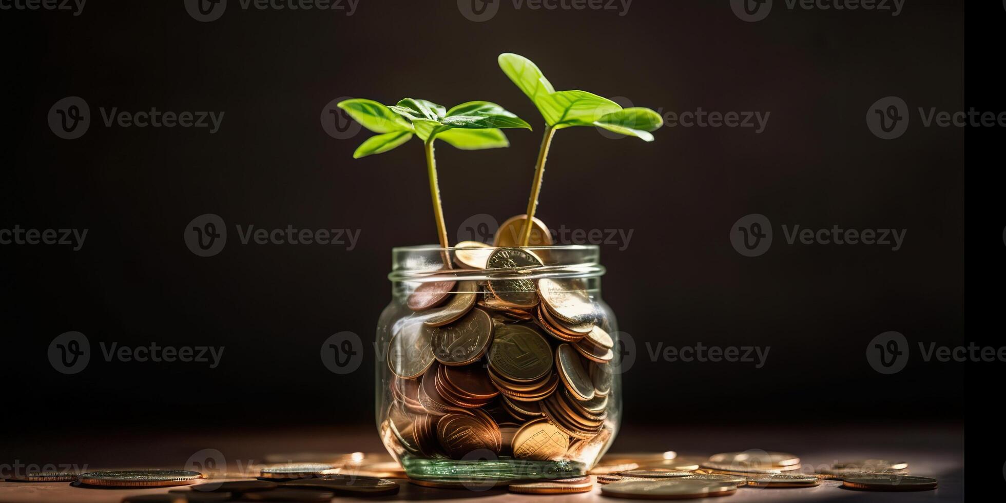 AI Generated. AI Generative. Plant growing from jar of coins. Business investment graph stock trade income success money. Graphic Art photo