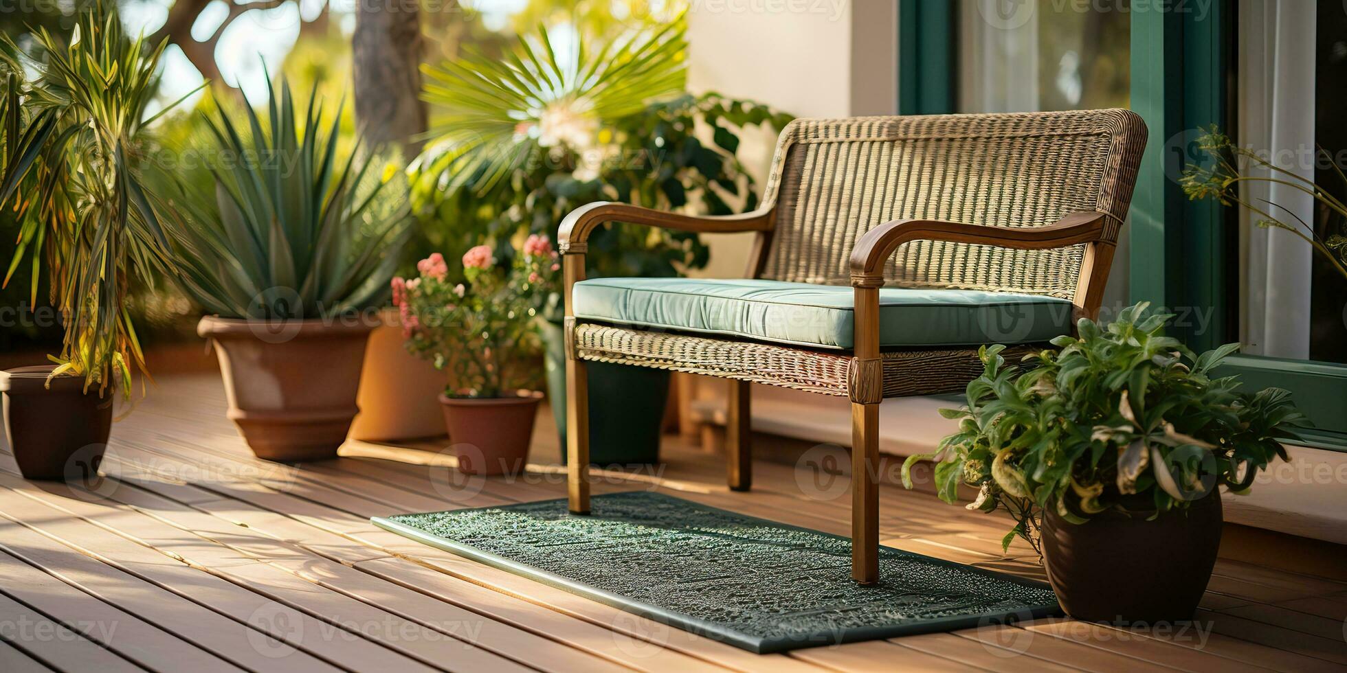 AI Generated. AI Generative. House outdoor nature terrace garden with doormat table chair and plants. Cozy home architecture relax vibe. Graphic Art photo