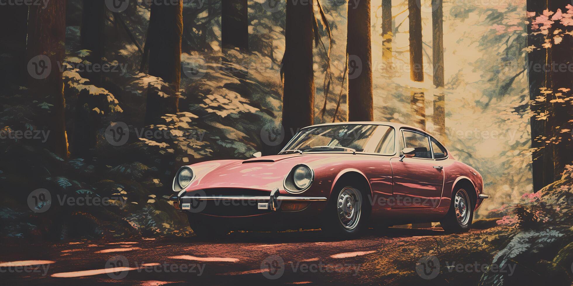 . . Old retro vintage classic speed sport muscle car on autumn road forest. Road adventure trip auto transport explore vibe. Graphic Art photo