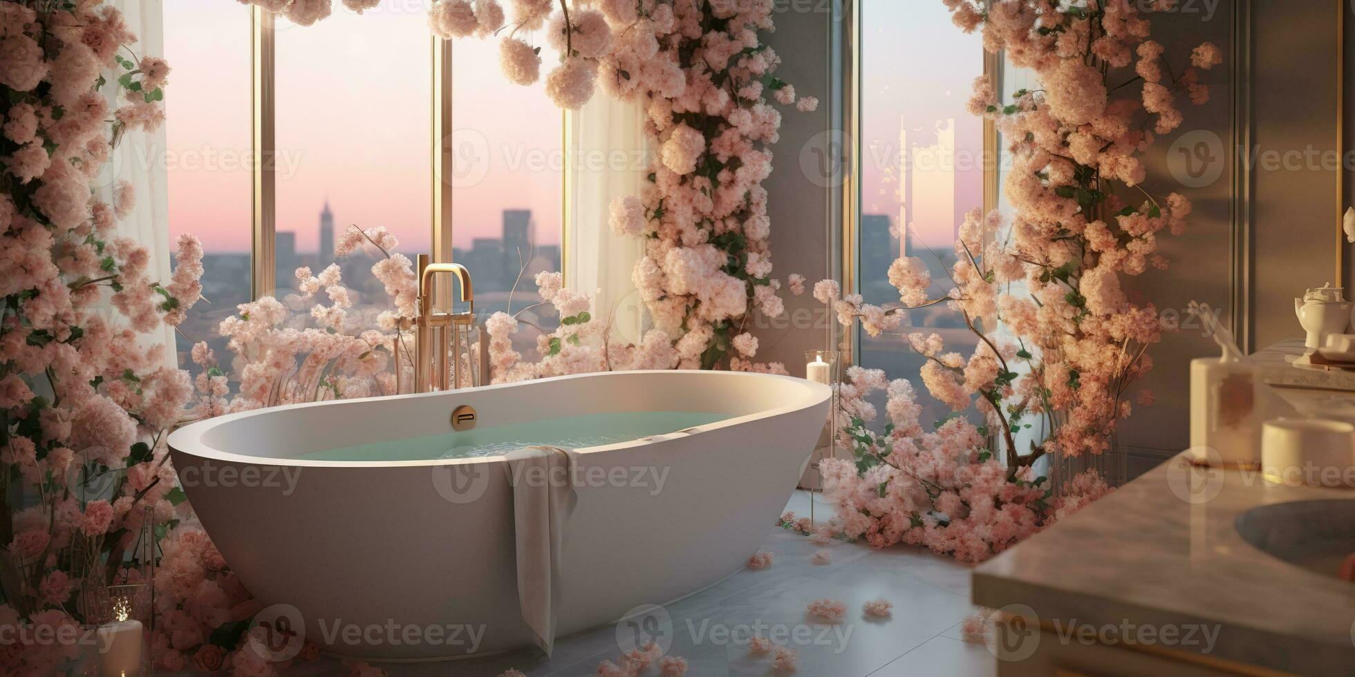 AI Generated. AI Generative. Beauty luxury chic elegant bathroom spa realx chill hotel vacation femine room. Many flowers and calm romantic vibe. Graphic Art photo