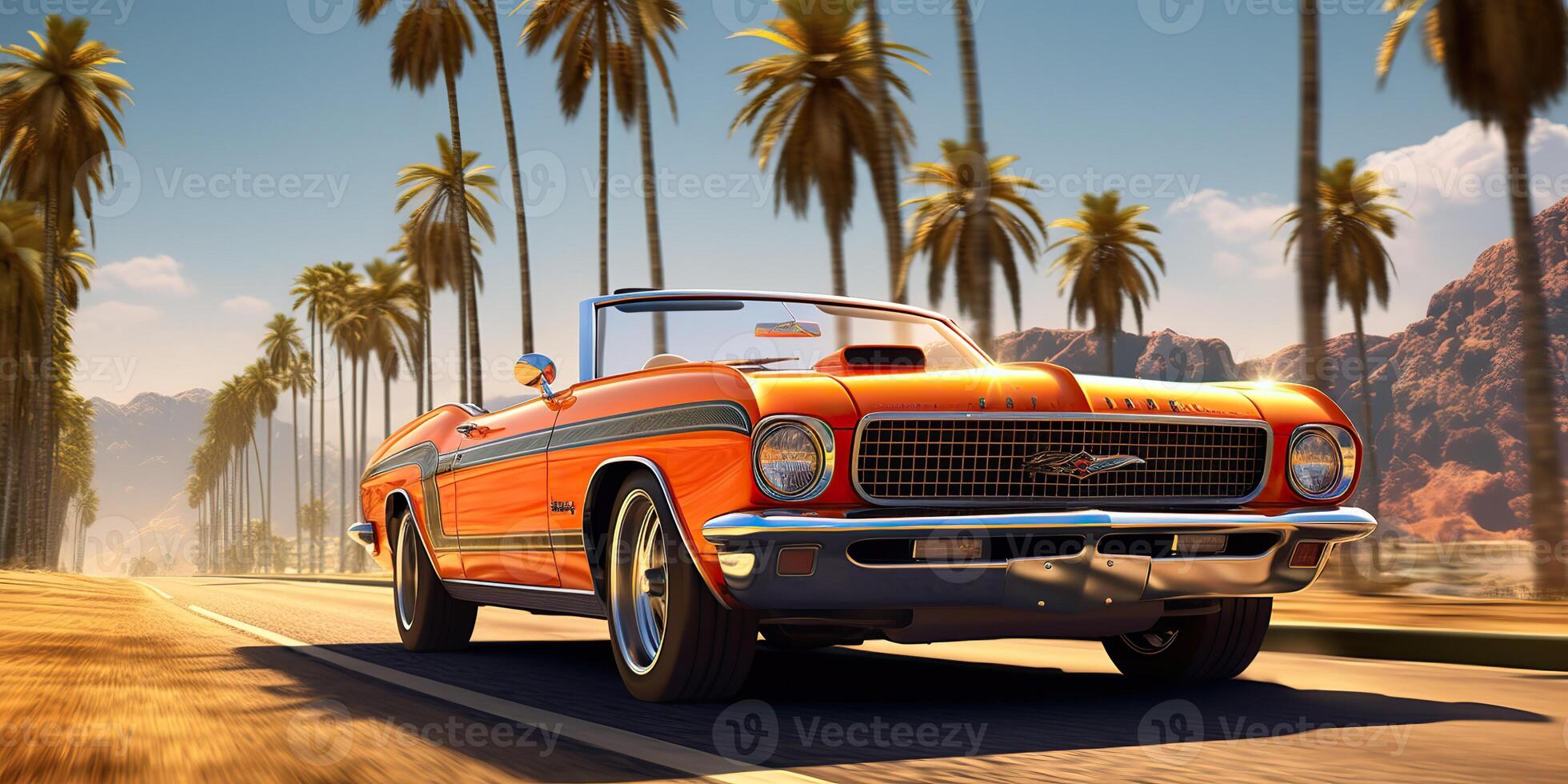 . . Vintage retro classic hotrod muscle car vintage retro on california road trip. Graphic Art photo