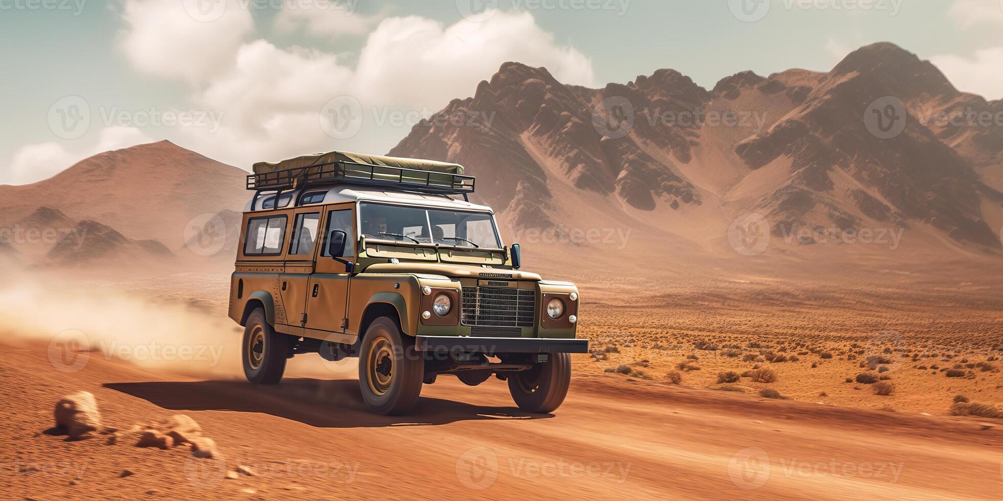 AI Generated. AI Generative. Car jeep vehicle in desert sand landscape. Road adventure trip travel vacation. Graphic Art photo