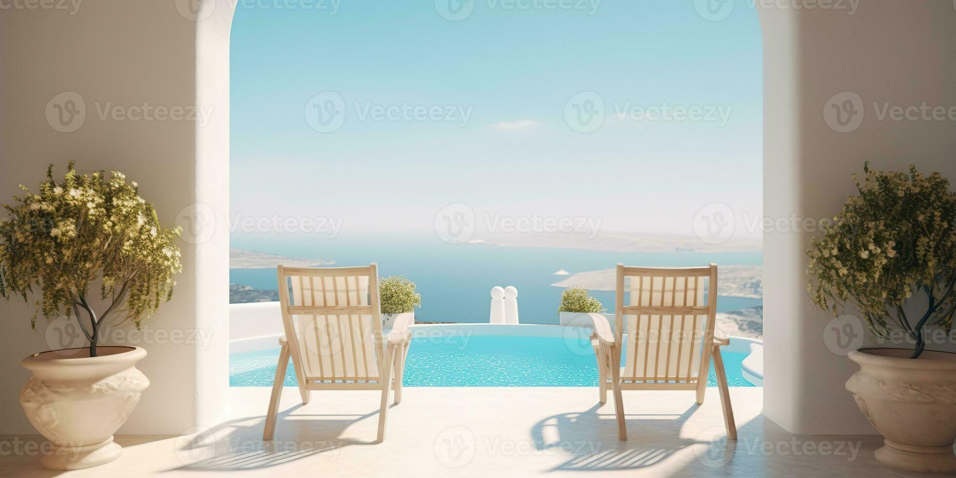 AI Generated. AI Generative. Vacation relax adventure vibe. Two white wood chair at pool ocean hotel villa. Blue and white colors. Graphic Art photo