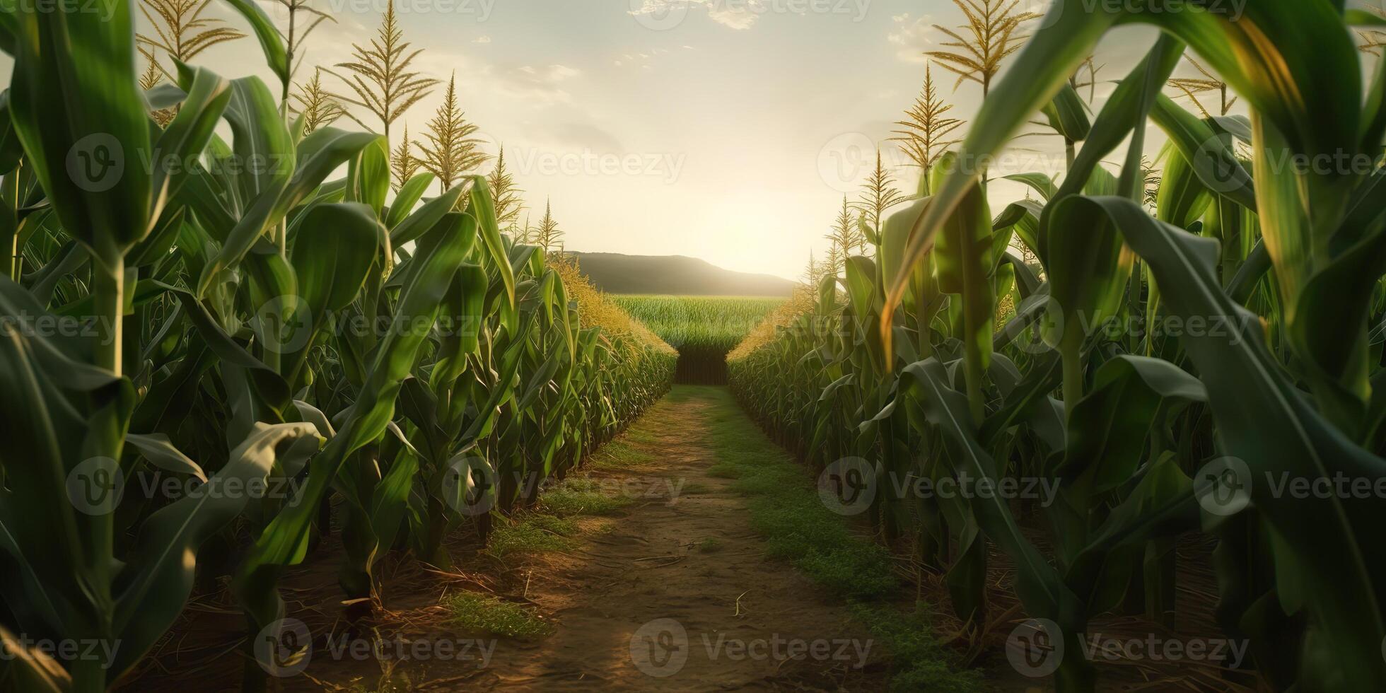 . . Green farm harvest corn field. Outdoor nature wild plant growing. Graphic Art photo