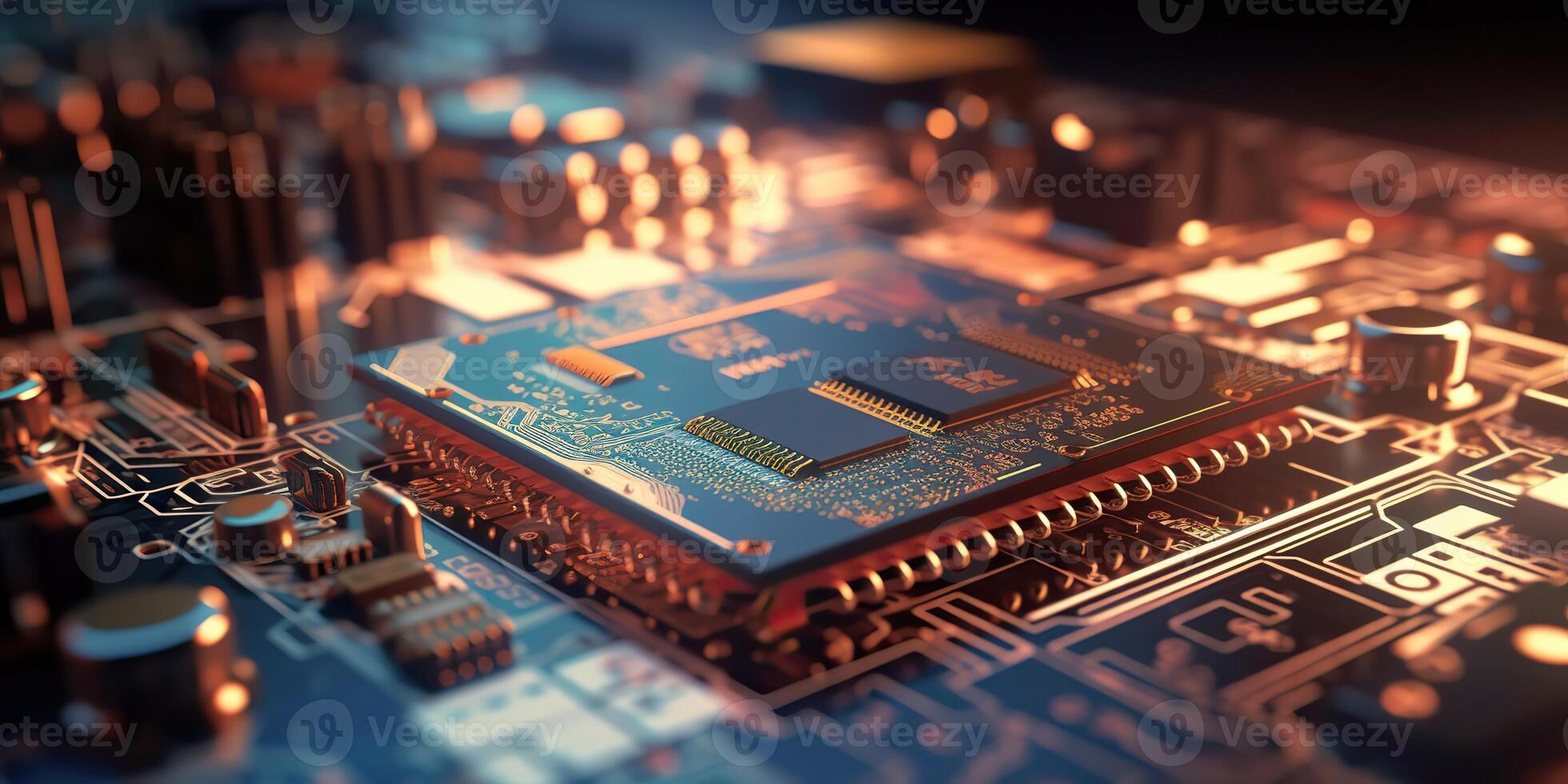 . . PC computer micro chip processor motherboard background. Digital data future background science vibe. Graphic Art photo