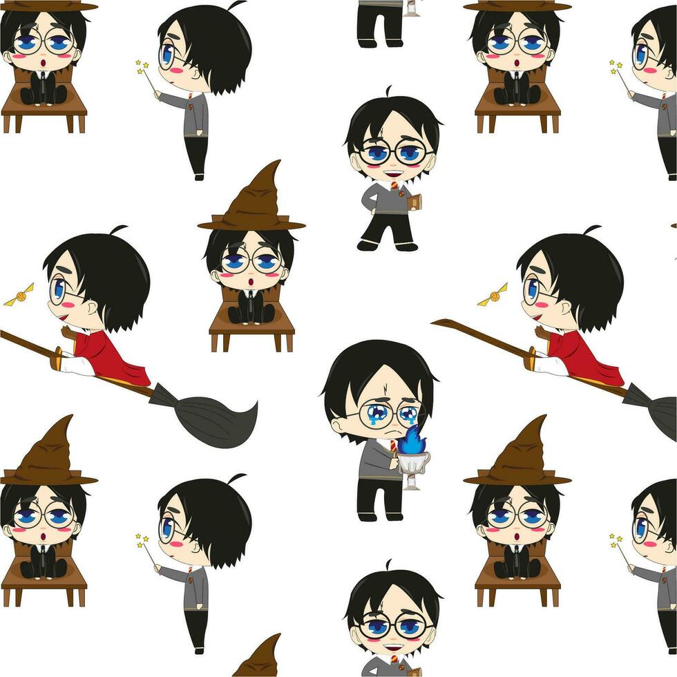 Seamless pattern with cute little wizards in glasses. illustration. Character concept art. vector