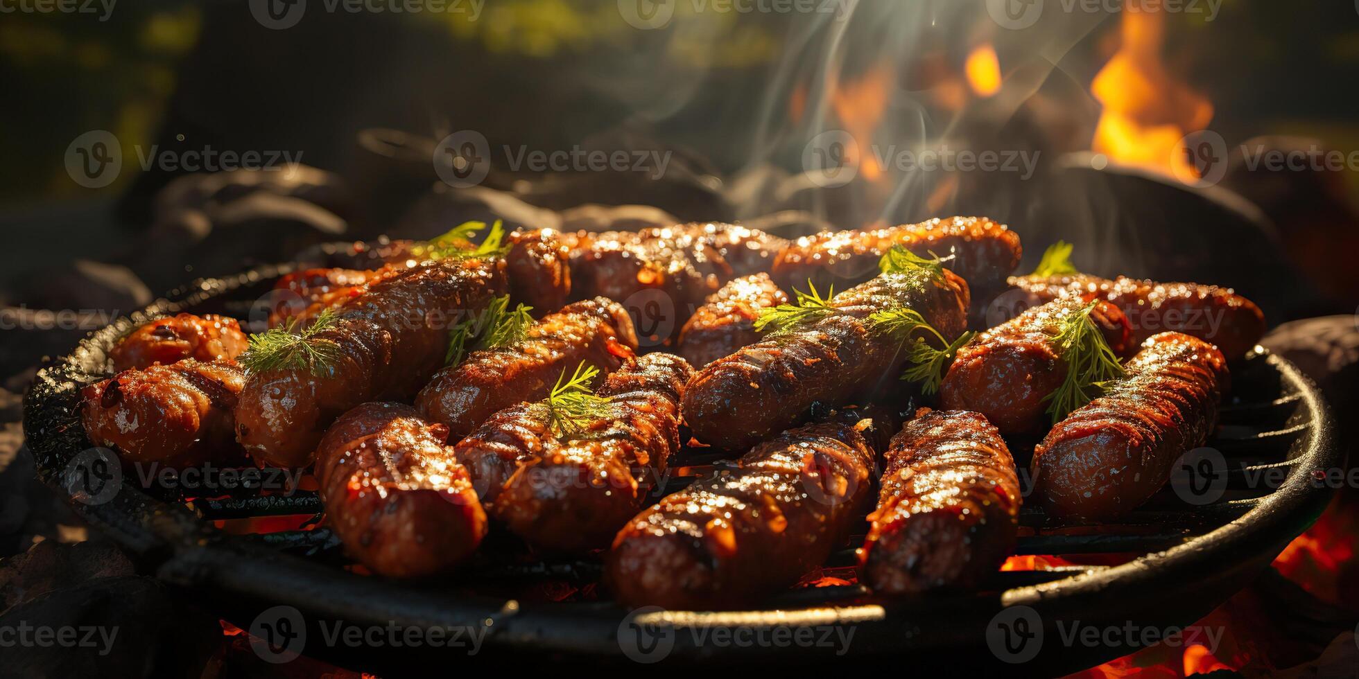 AI Generated. AI Generative. BBQ grill barbecuse steak beed pork sausages on fire preapring meat food. Party garden restaurant vibe. Graphic Art photo