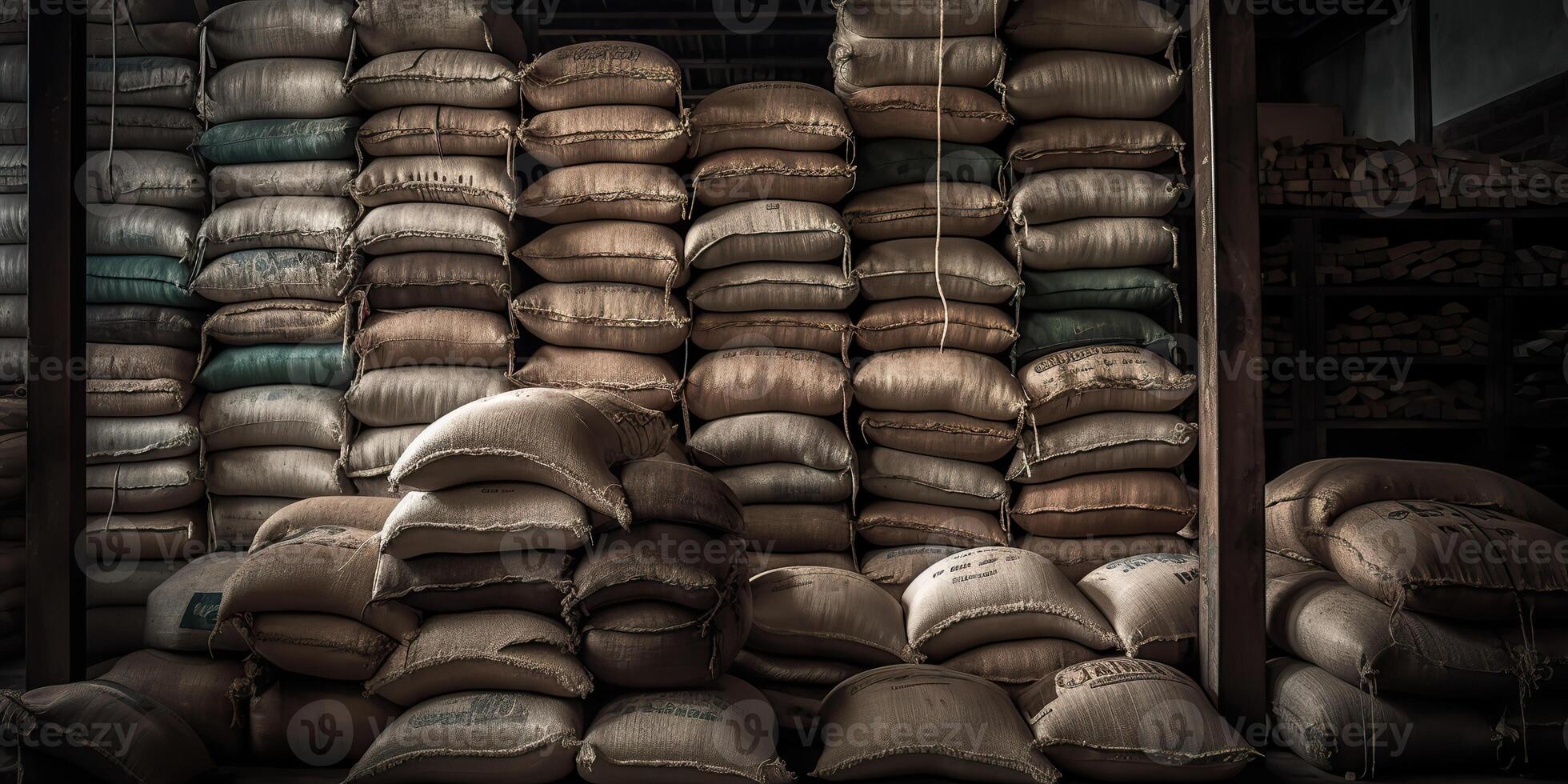 . . Sacks of goods in modern warehouse. Transport shipping storage building indoor. Graphic Art photo