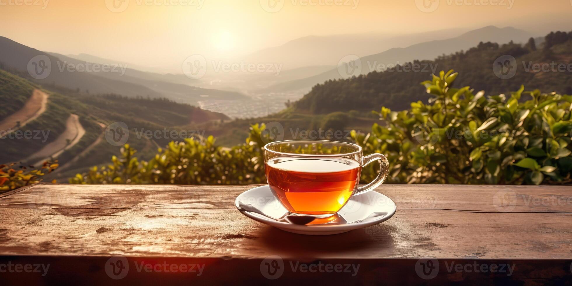 AI Generated. AI Generative. Cup of green tea with field green plantation mountain background scene. Graphic Art photo