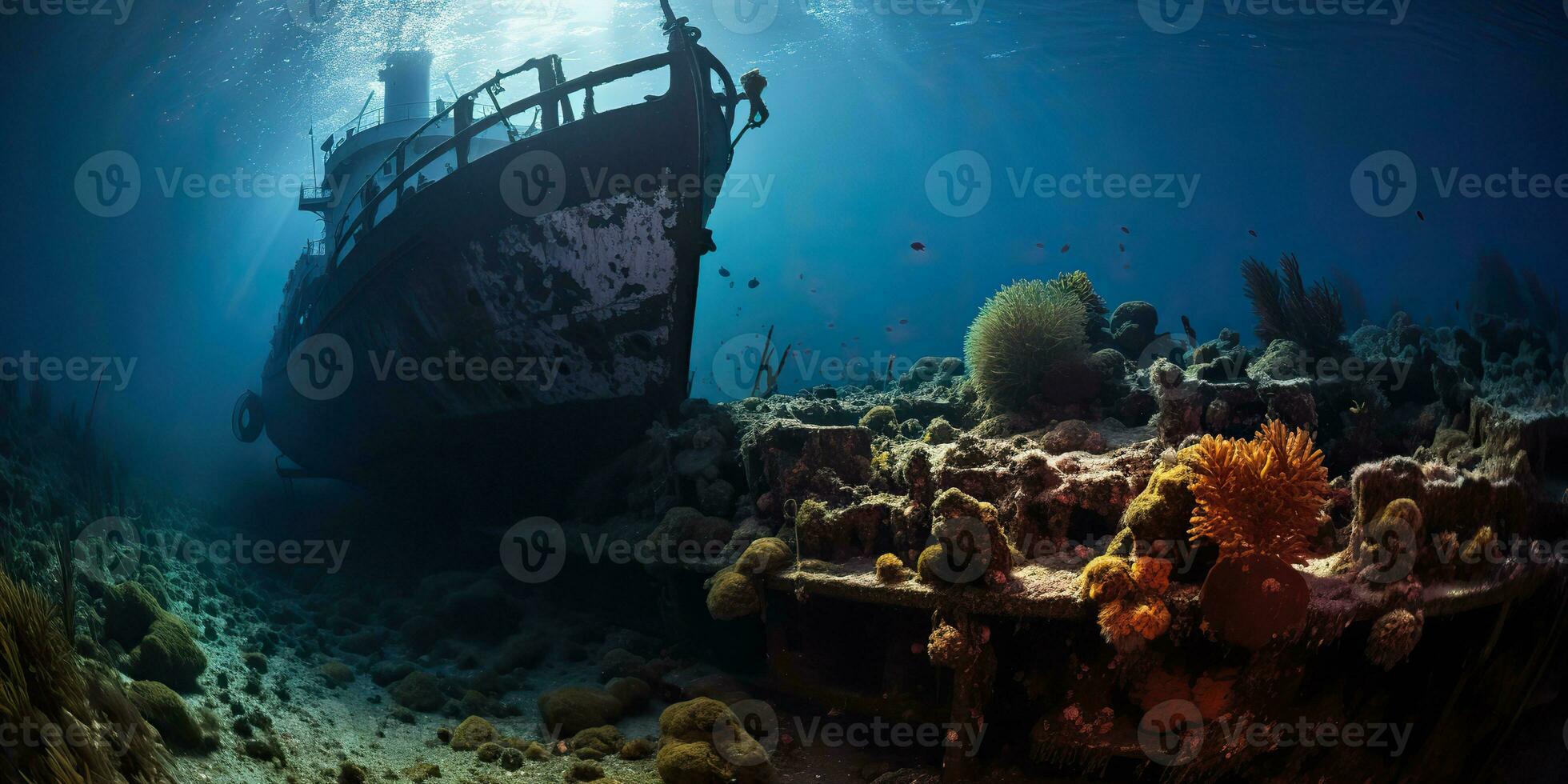 ai generado. ai generativo. debajo agua mar Oceano escafandra autónoma diferenciándose aventuras submarino explorar viaje antiguo historia barco. náutico marina profundo bluew ambiente.gráfico Arte foto